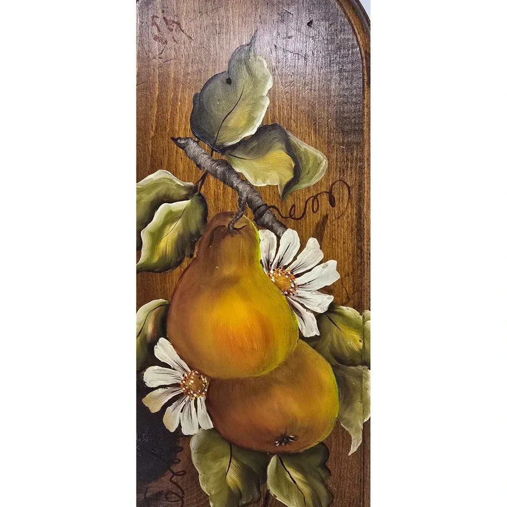 Vtg hand painted‎ oil painting of pears on wood wall decor Plaque cottagecore